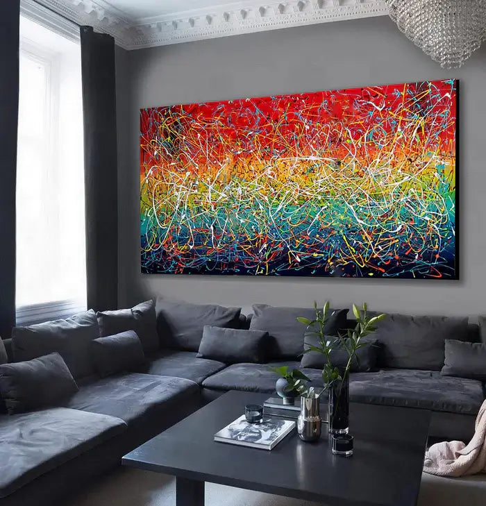 Jackson Pollock Style Modern Art 72, Wall Art Home Decor - Icy Hot displayed in a stylish living room.