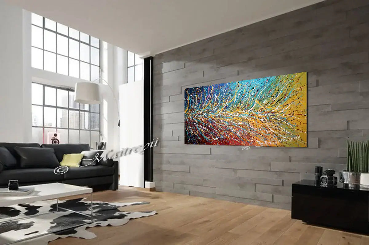 Multicoloured Painting On Canvas displayed in a modern living room, showcasing vibrant colors and dynamic brushstrokes.