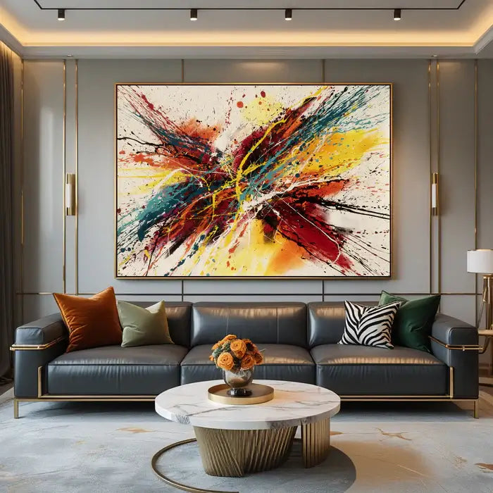 Abstract canvas painting featuring bold colors and dynamic brushstrokes, ideal for modern home decor.