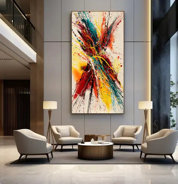 abstract canvas painting displayed in modern living room decor with stylish seating and table