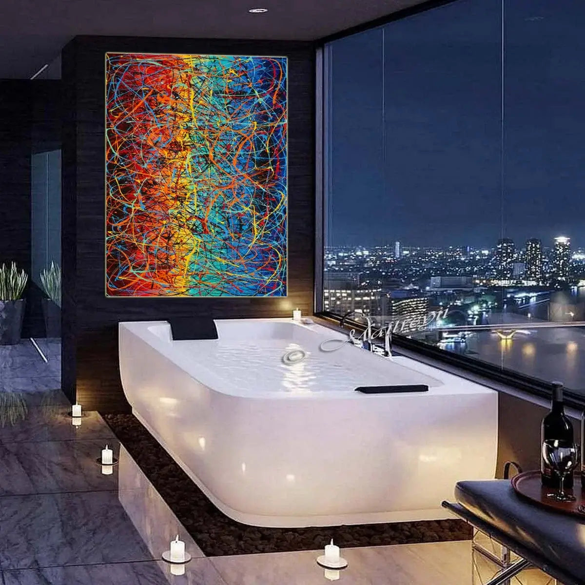 Luxury art for living room: Original abstract painting on canvas above a modern bathtub with city view.