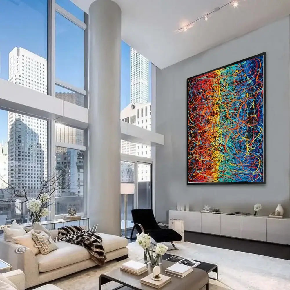Luxury art for living room displayed in a modern, bright space with large windows and contemporary furniture.