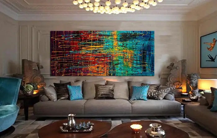 Jackson Pollock Style Abstract art large wall art displayed in a modern living room with stylish decor.