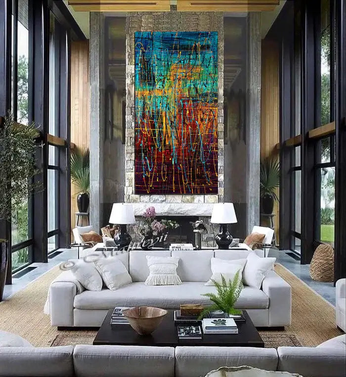 Jackson Pollock Style Abstract art large wall art displayed in a modern living room with elegant decor.