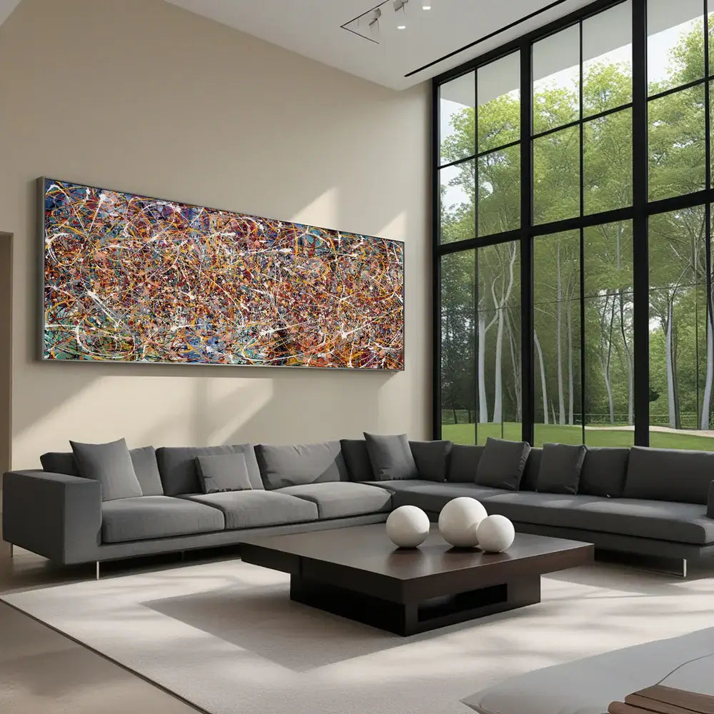 Minimalist Abstract Art in modern living room, showcasing clean lines and vibrant colors, perfect for contemporary decor.
