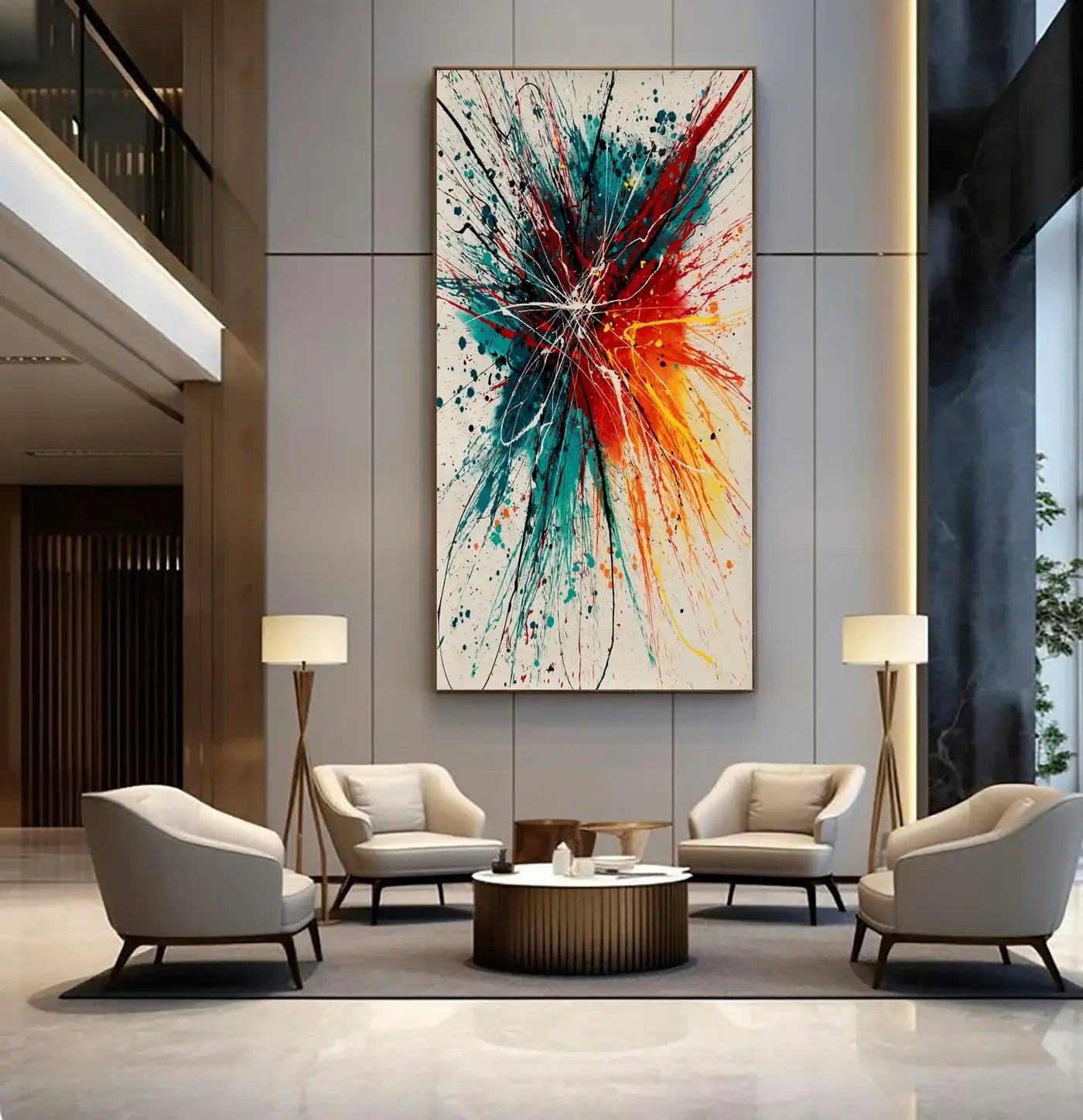 Dynamic Composition | Drip Painting Abstract Art displayed in a modern living room with elegant seating and decor.