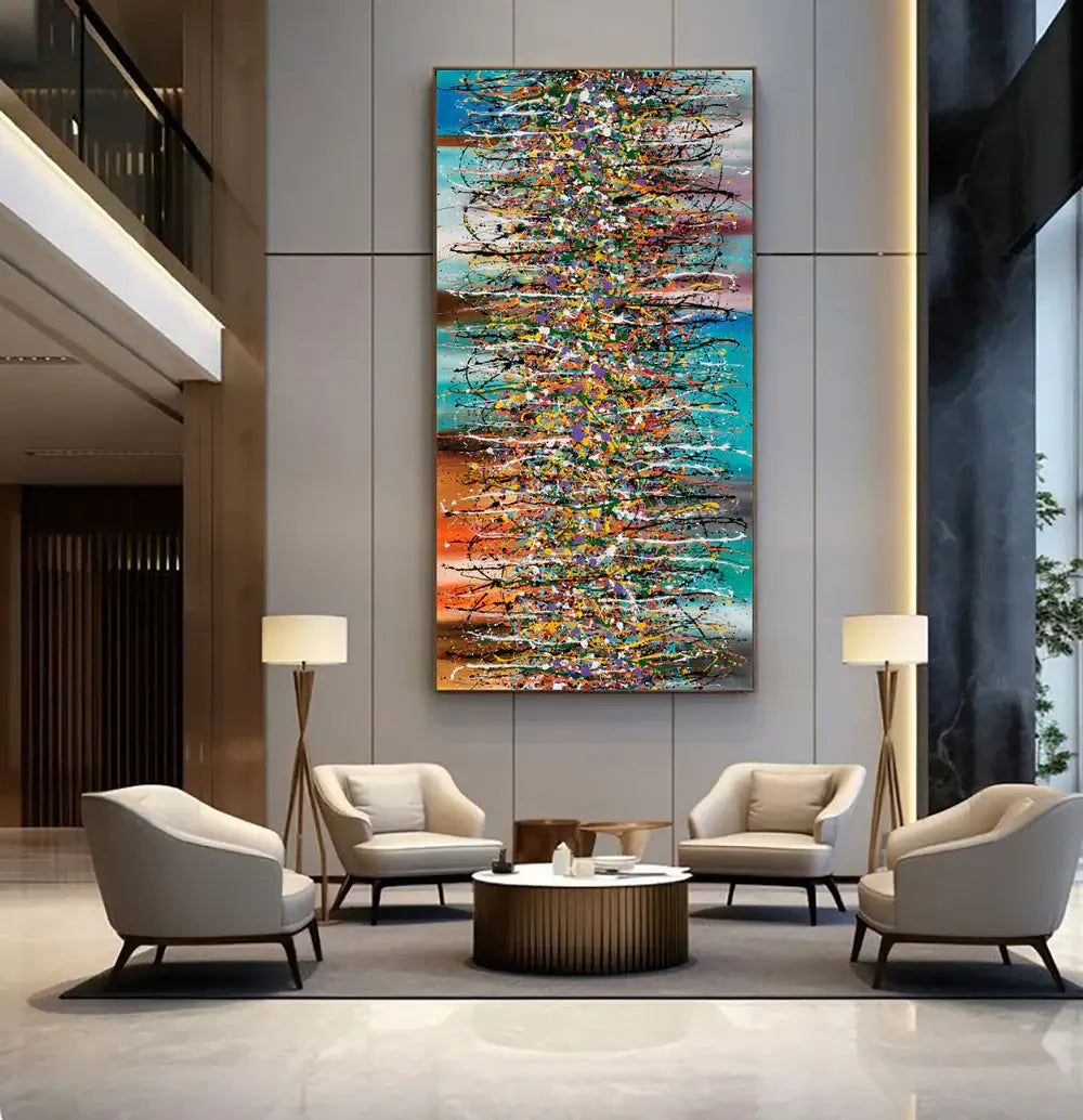 Contemporary Abstract Drip Painting in modern living room, showcasing bold colors and textures, perfect wall art for home decor.