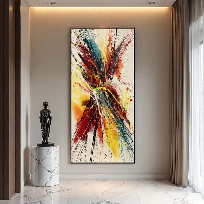 abstract canvas painting displayed in a modern living room with vibrant colors and striking design, ideal for home decor.