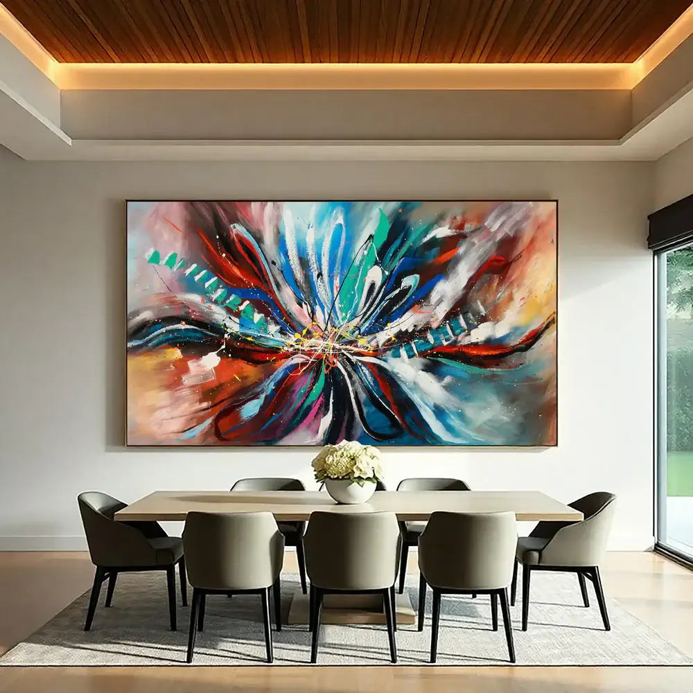 Large Modern Art Oil Painting showcasing bold colors and abstract design in a contemporary dining room setting.
