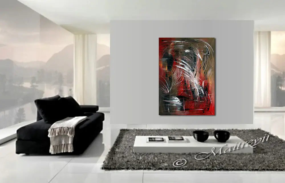 modern abstract wall art displayed in a stylish living room with contemporary decor and bold colors on canvas.