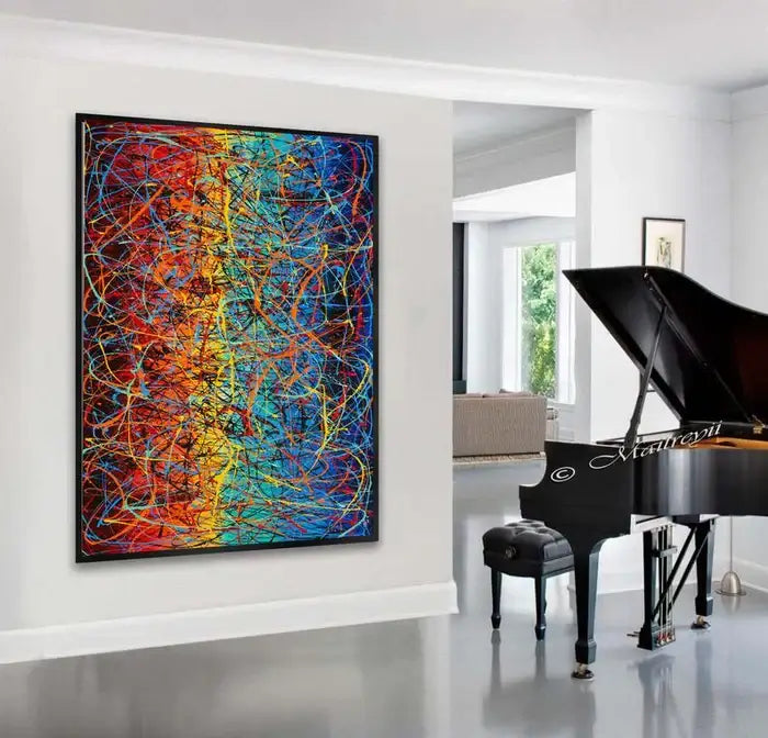 luxury art for living room - original abstract painting on canvas displayed near a grand piano in a modern setting.