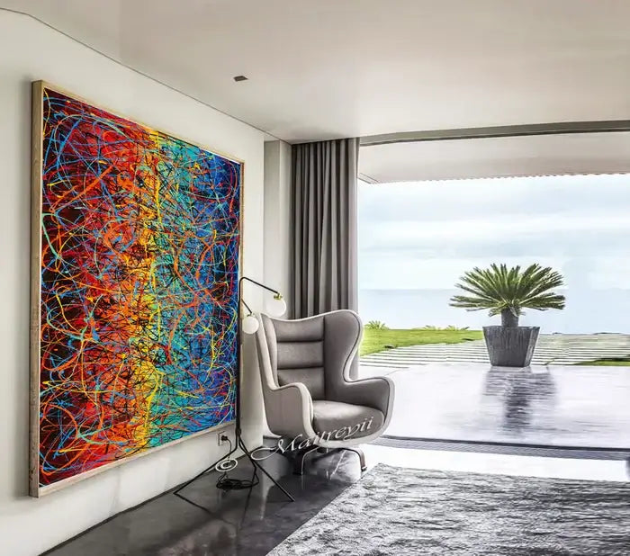 Luxury art for living room featuring an original abstract painting on canvas, enhancing a sophisticated living space.