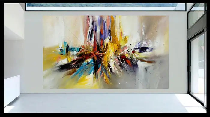 Large modern abstract oil painting in bright colors, showcasing bold textures and sophistication in a stylish interior.