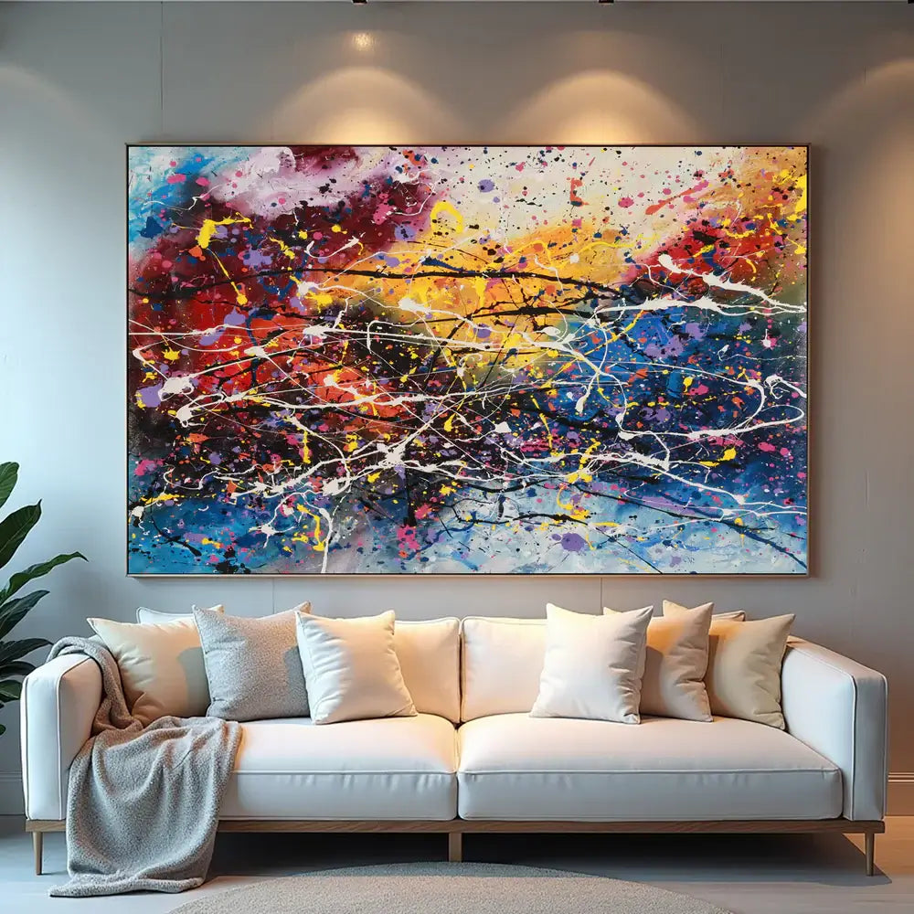 Amazing Abstract Paintings - vibrant wall art above a modern couch with decorative pillows, enhancing stylish home decor.