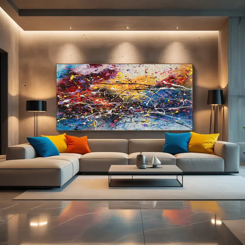 Amazing Abstract Paintings displayed in a stylish living room with modern decor and vibrant wall colors.