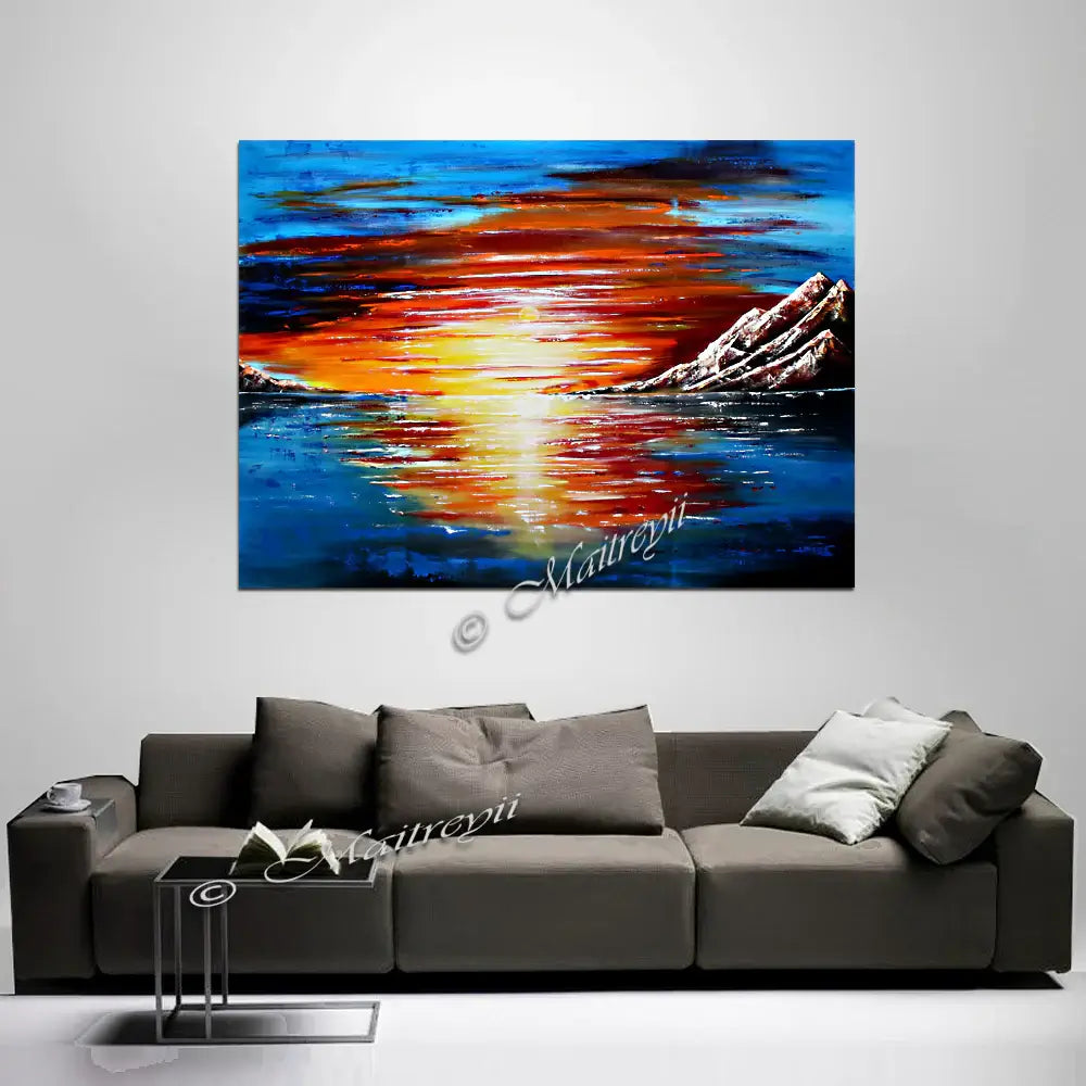 Large Ocean Painting | Handmade Seascape Wall Art - Last Sunset displayed above a modern couch in a stylish living room.