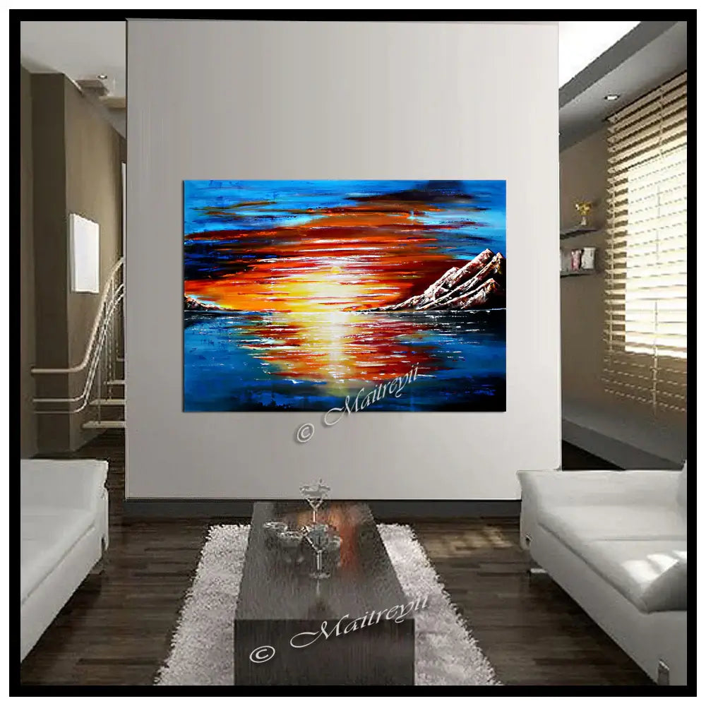 Large Ocean Painting featuring vibrant sunset reflections on water, handmade seascape wall art by Maitreyii.