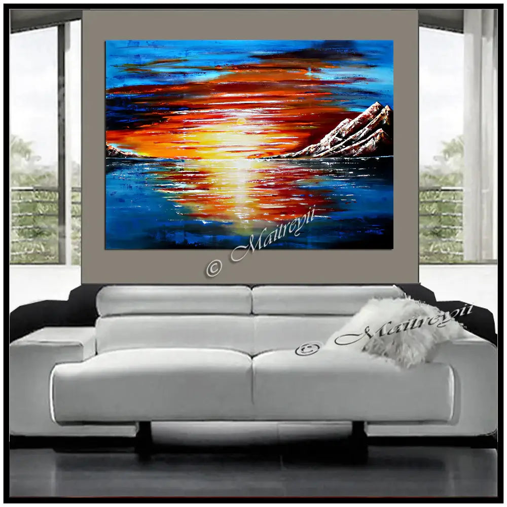 Large Ocean Painting in modern living room showcasing an abstract seascape with sunset colors.