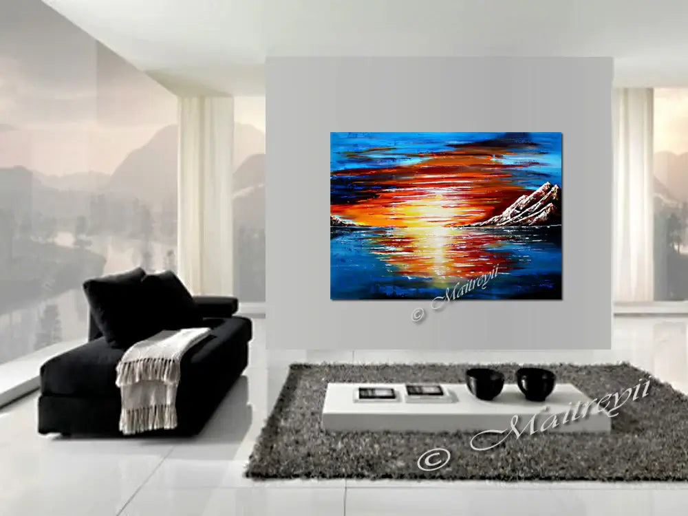 Large Ocean Painting in modern living room setting, featuring sunset colors and tranquil seascape design.