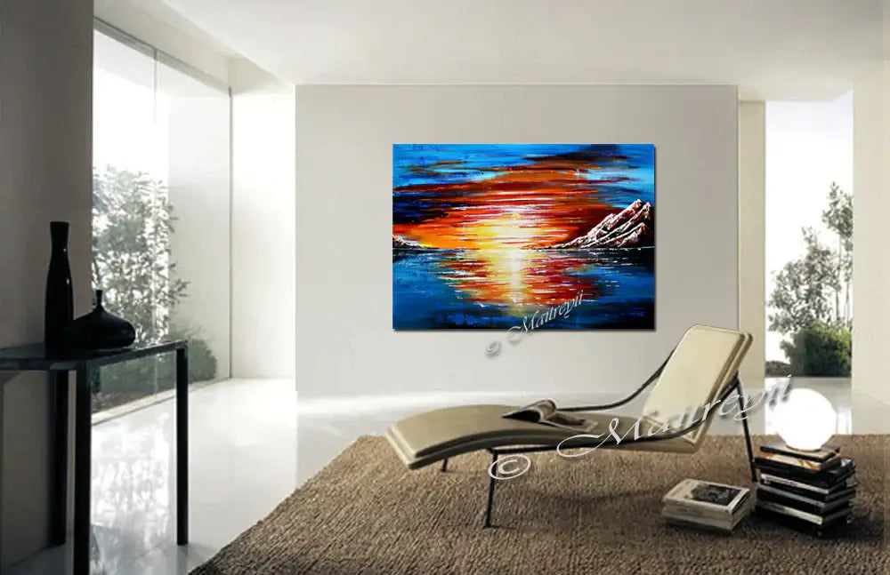 Large Ocean Painting showcased in a modern living room, featuring vibrant colors and serene sunset reflections.