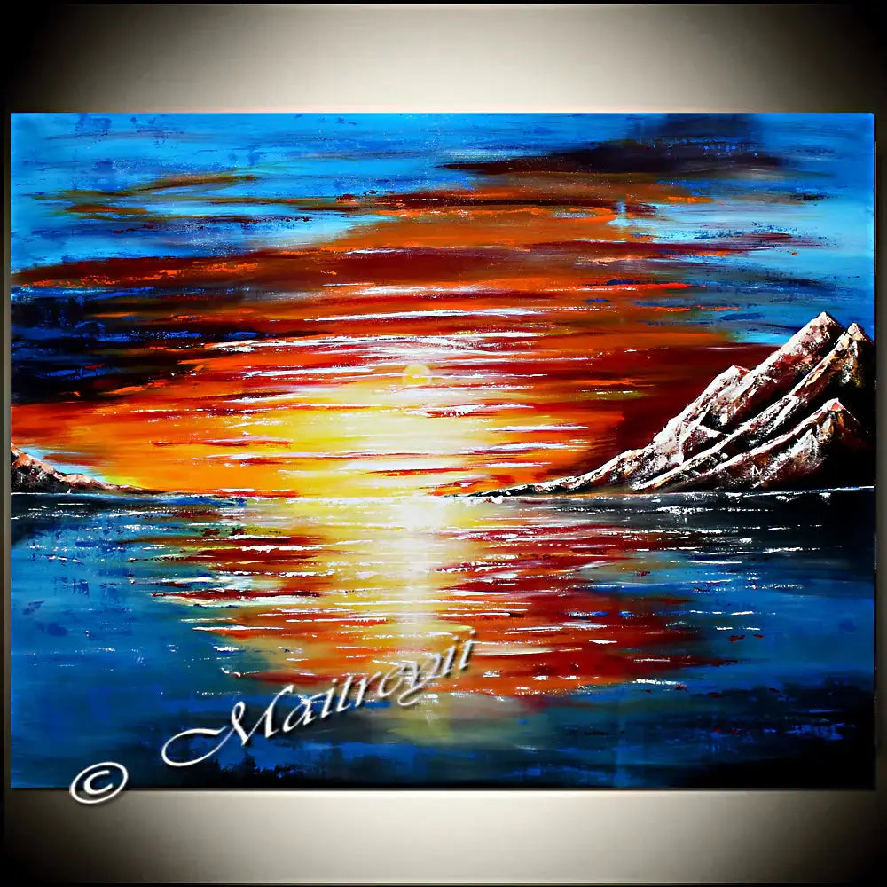 Large Ocean Painting featuring vibrant sunset colors and textured waves by Maitreyii, perfect for home decor.