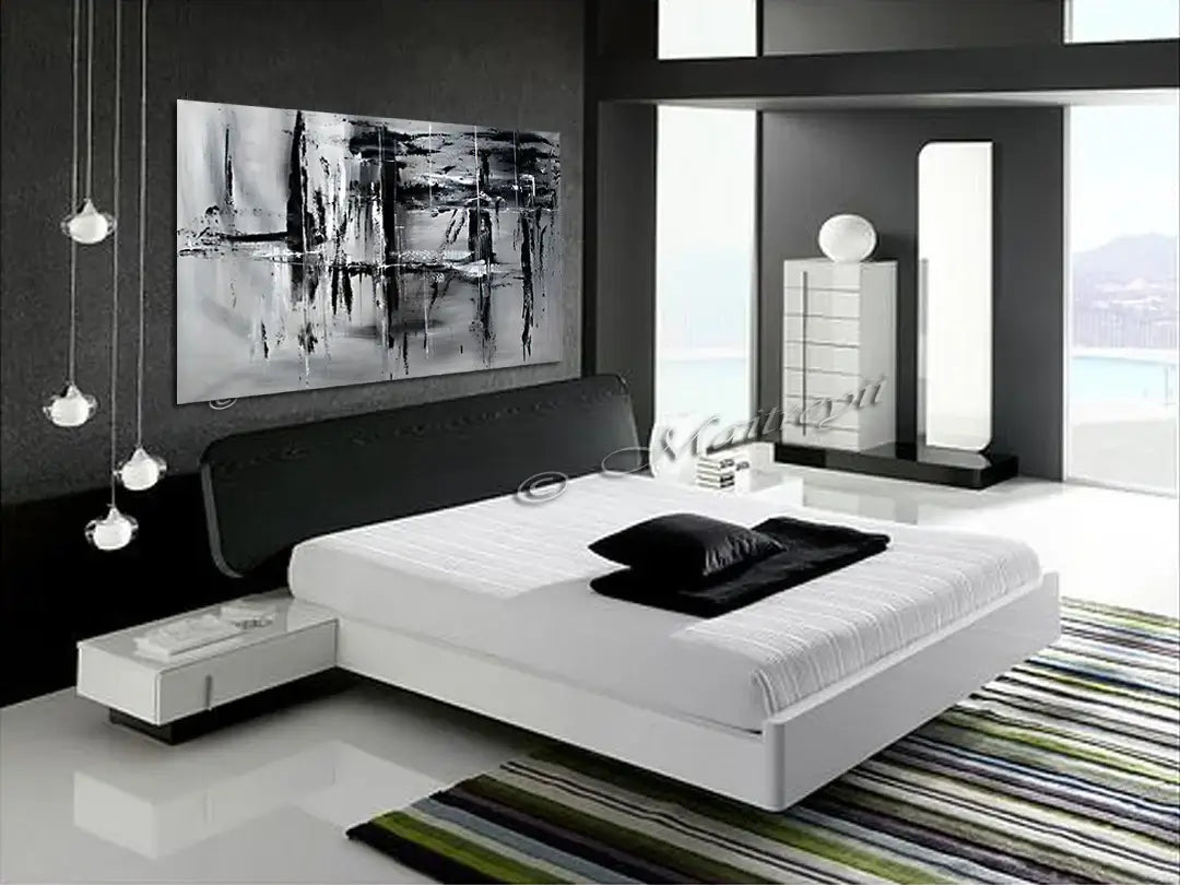 Black and White Large Painting | Abstract Wall Art - Light And Shade 2 above a modern bed in a stylish bedroom.