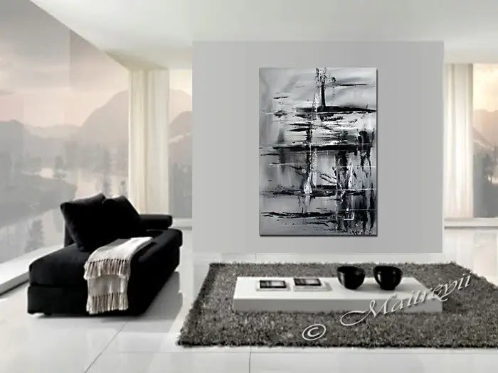 Black and White Large Painting displayed in a modern living room featuring abstract designs and elegant decor.