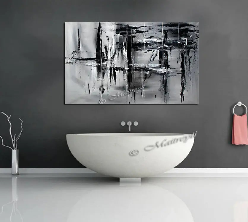 Black and White Large Painting in modern bathroom featuring abstract wall art by Maitreyii.