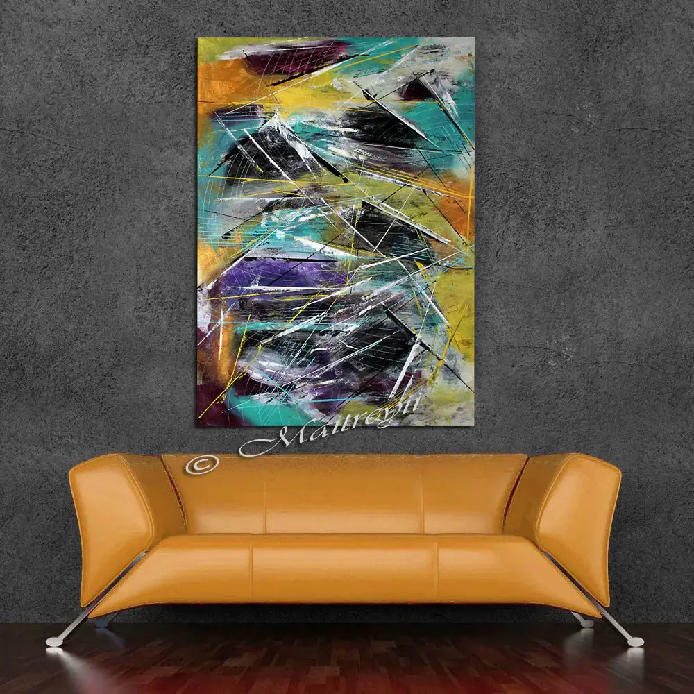 Large Painting Modern Art for sale | Abstract artwork by Maitreyii displayed above a modern sofa.