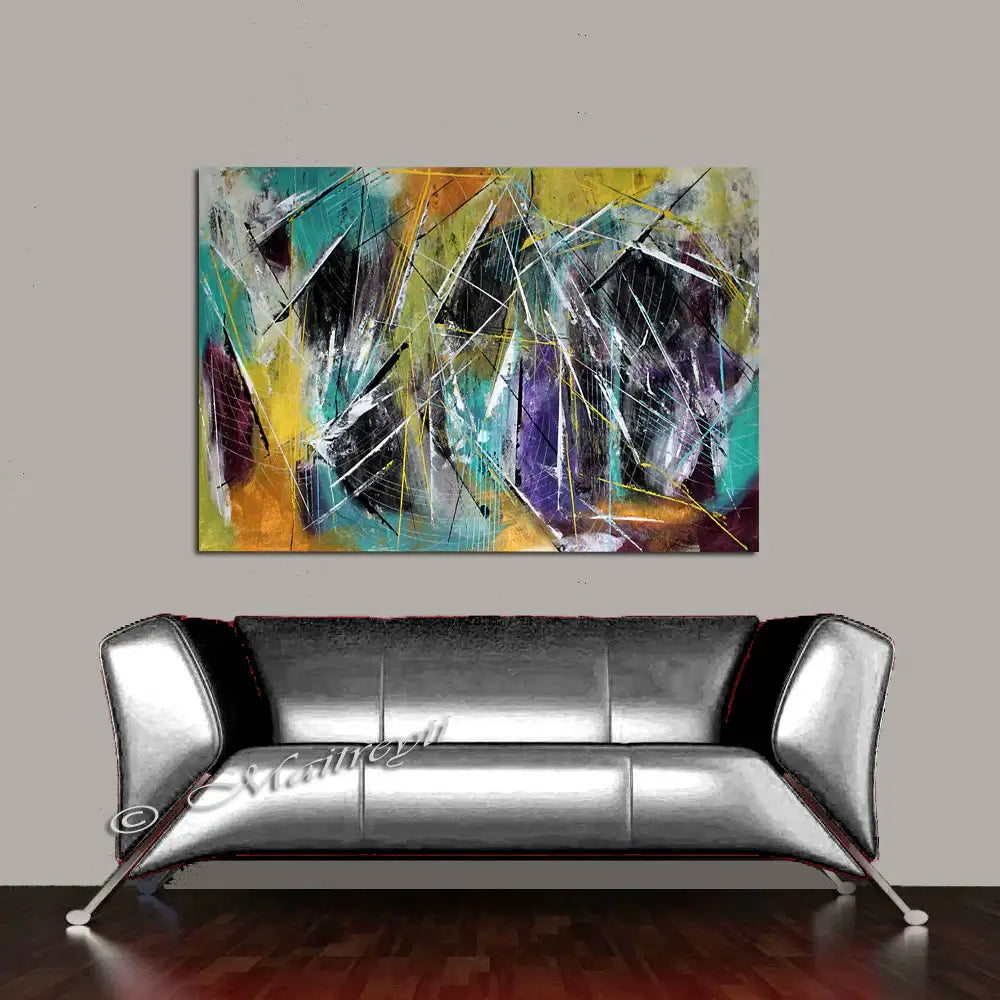 Large Painting Modern Art for sale featuring bold colors and abstract design above a contemporary silver couch.