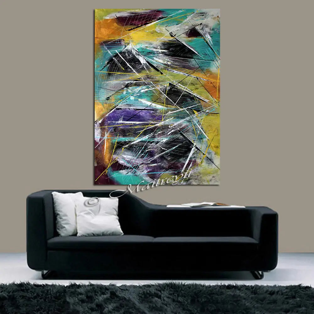 Large Painting Modern Art for sale - Abstract artwork by Maitreyii in vibrant colors on display above a modern couch.
