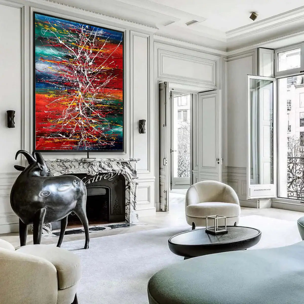 Painting Jackson Pollock style artwork displayed in a modern living room with elegant decor and furniture.