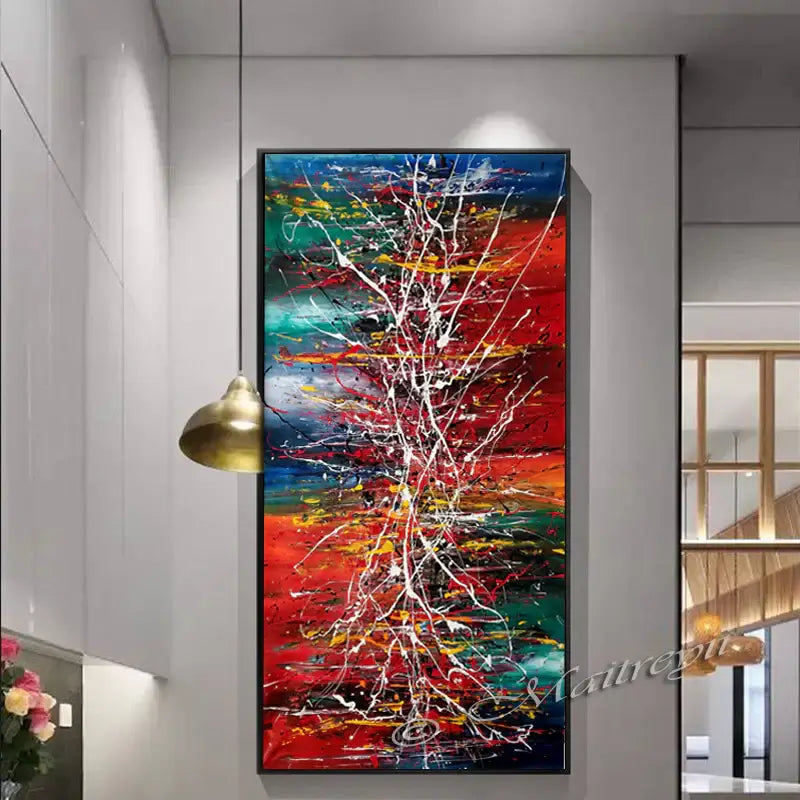 Painting Jackson Pollock style abstract art in a modern interior setting by Maitreyii.