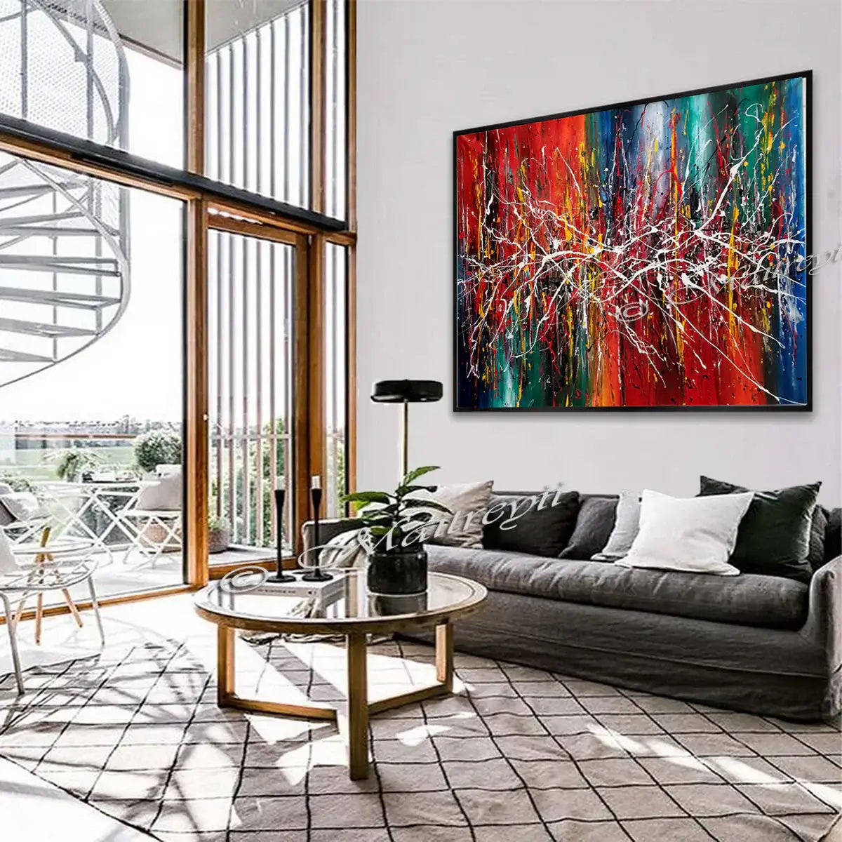 Painting Jackson Pollock style artwork displayed in bright living room with modern decor and natural light.