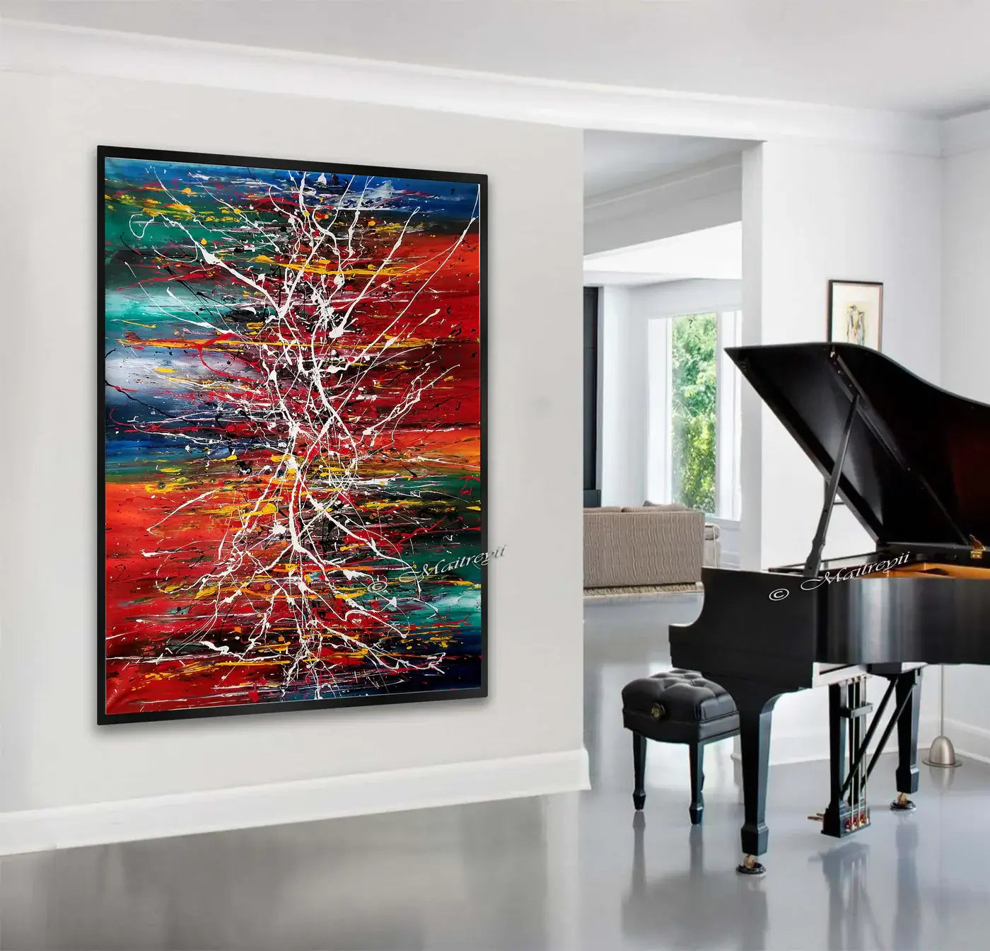 Painting Jackson Pollock style artwork displayed in a modern living room with a piano.