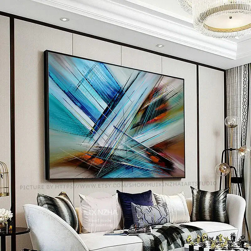 Abstract artwork Painting by Maitreyii featuring vibrant colors and dynamic patterns in a contemporary setting.
