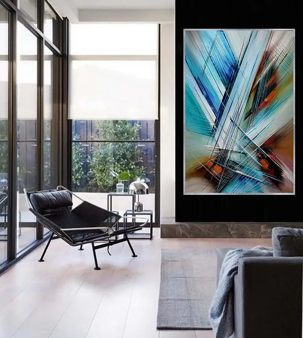 Abstract artwork Painting displayed in a modern living room, showcasing vibrant colors and textures.