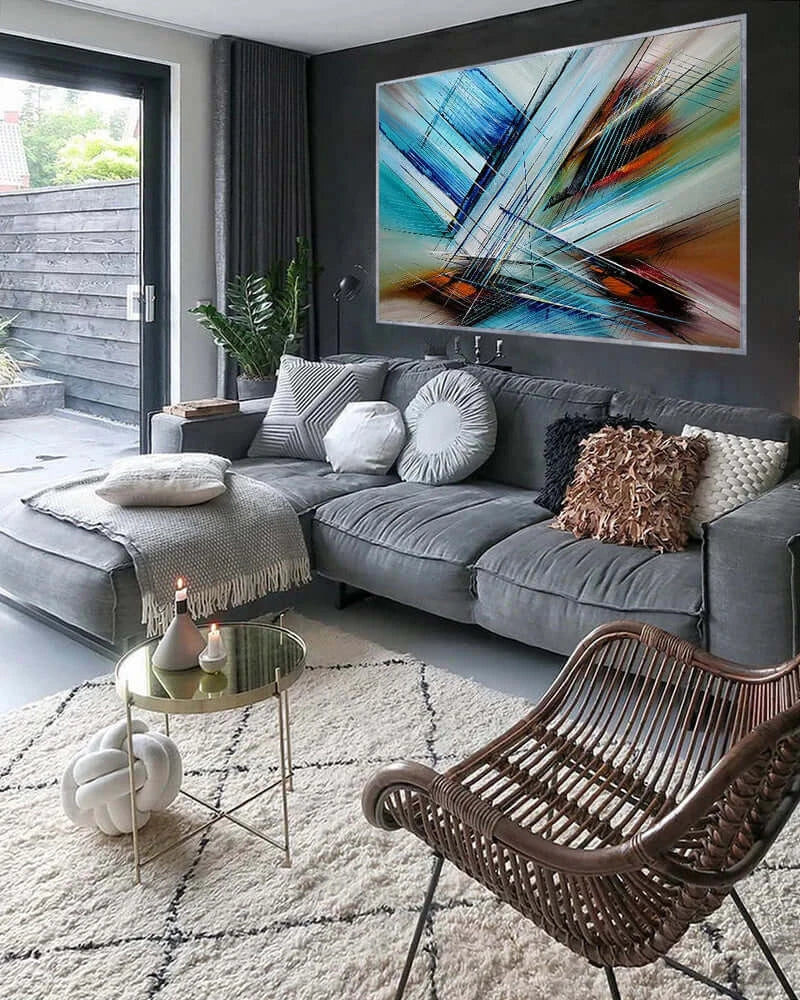 Abstract artwork Painting in a modern living room, showcasing vibrant colors and textures, enhancing contemporary decor.