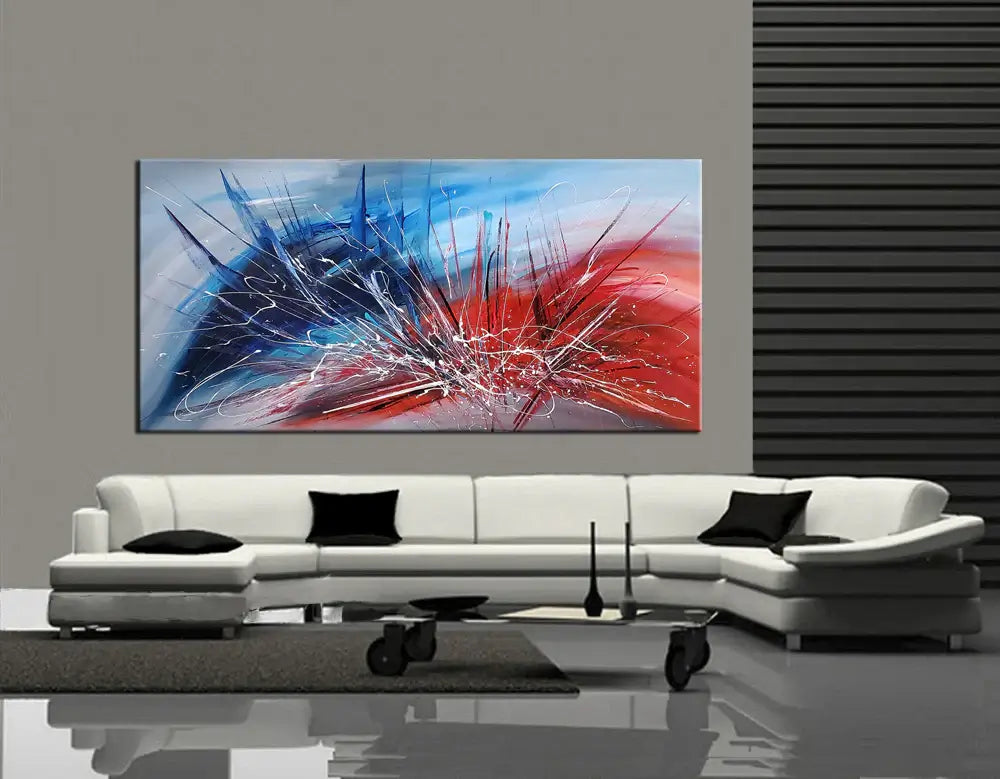 Abstract Modern Painting showcasing vibrant colors and dynamic textures in a contemporary living room setting.