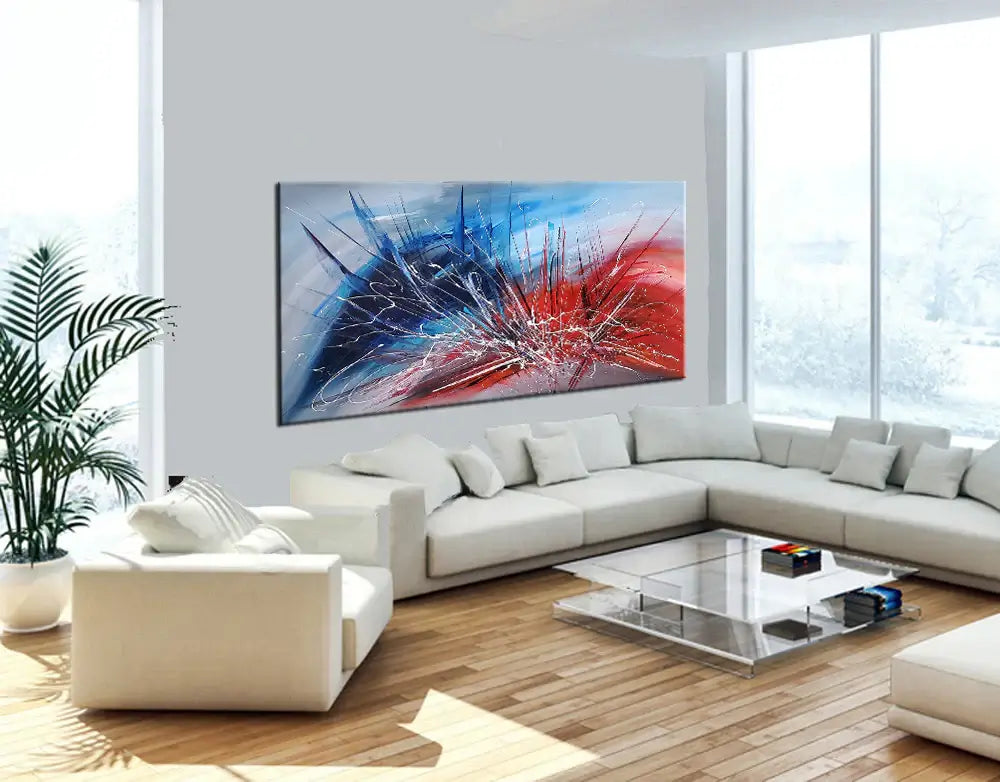 Abstract Modern Painting displayed in a contemporary living room, showcasing vibrant colors and dynamic textures.