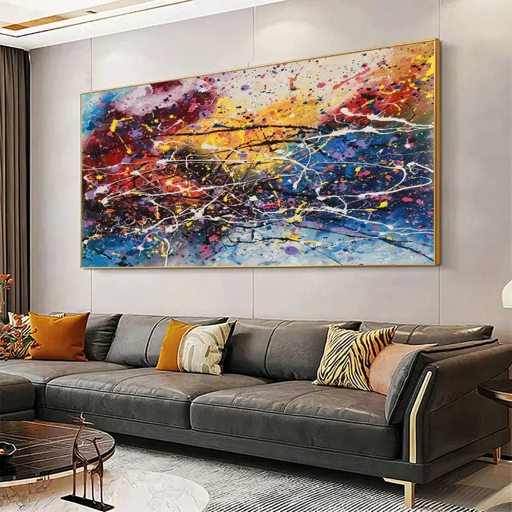 Amazing Abstract Paintings featured in a modern living room setting on a large wall above a stylish sofa.