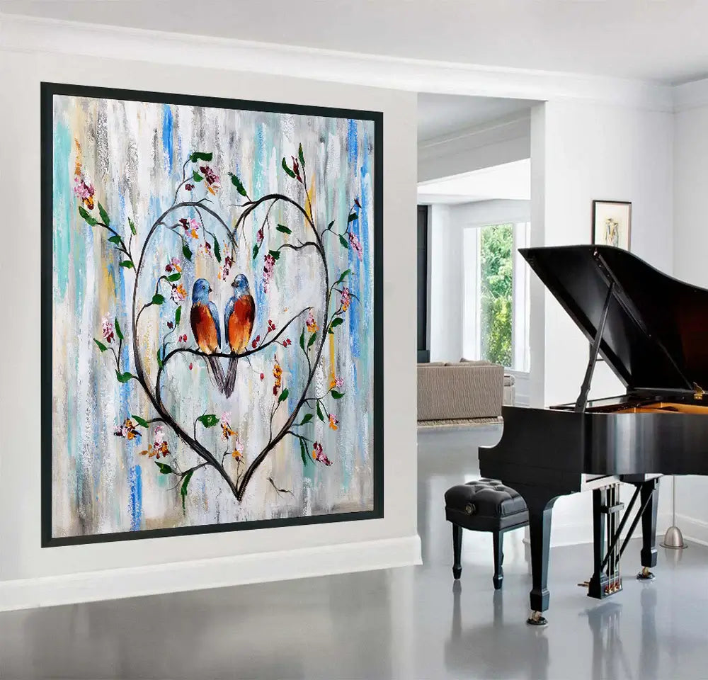 Abstract Wall Decor featuring vibrant love birds painting in a modern living room with piano and natural light.