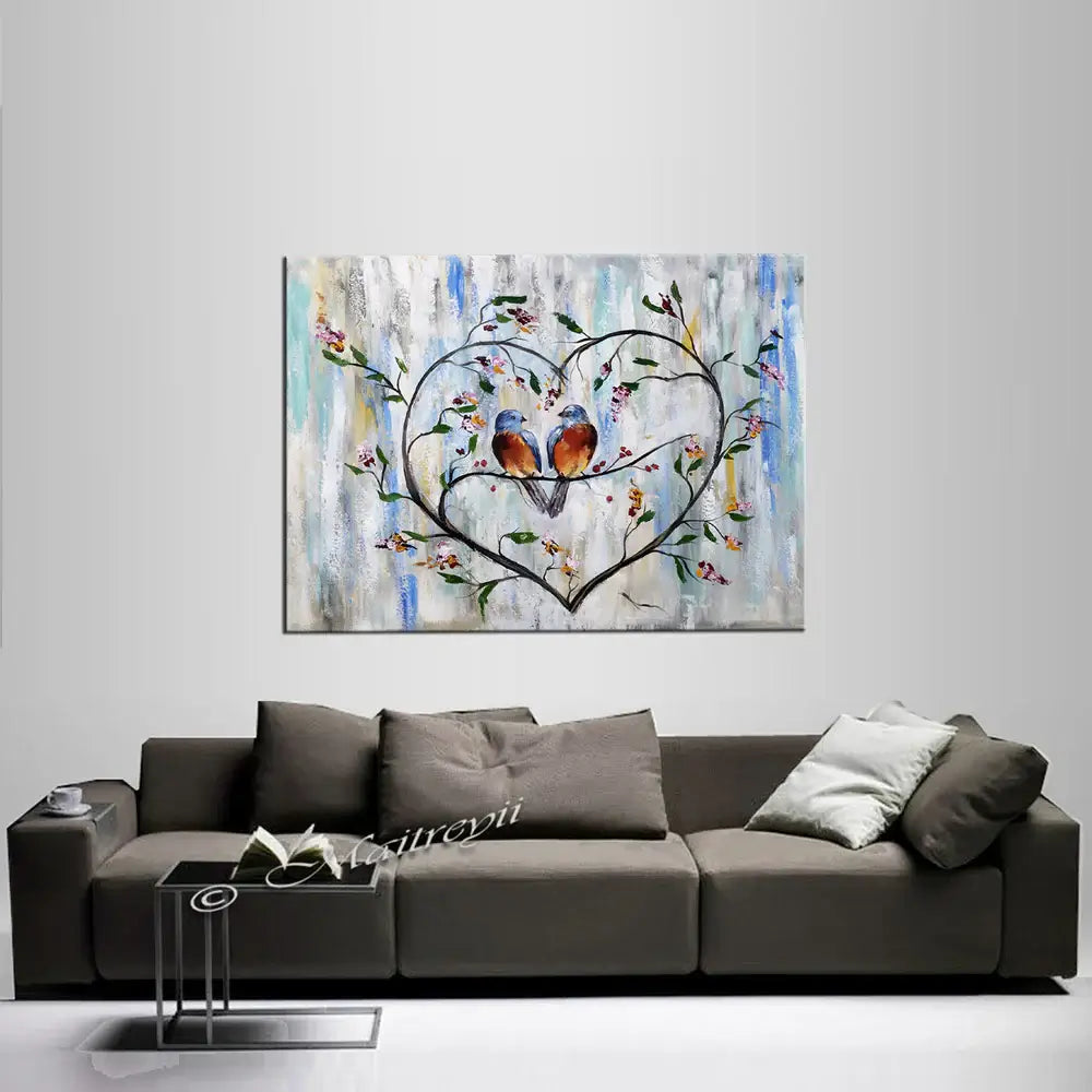 Abstract Wall Decor of love birds in a heart shape, vibrant modern canvas art for living room decoration.