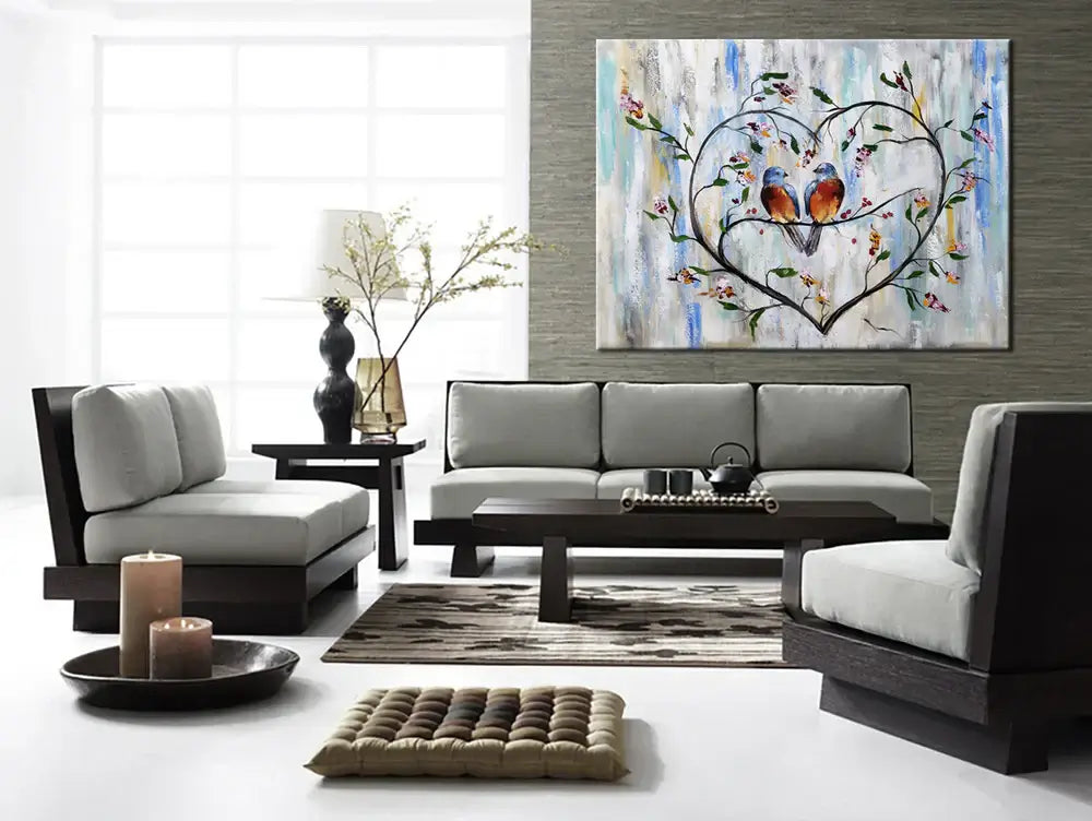 Abstract Wall Decor featuring Love Birds on canvas in a modern living room with stylish furniture.