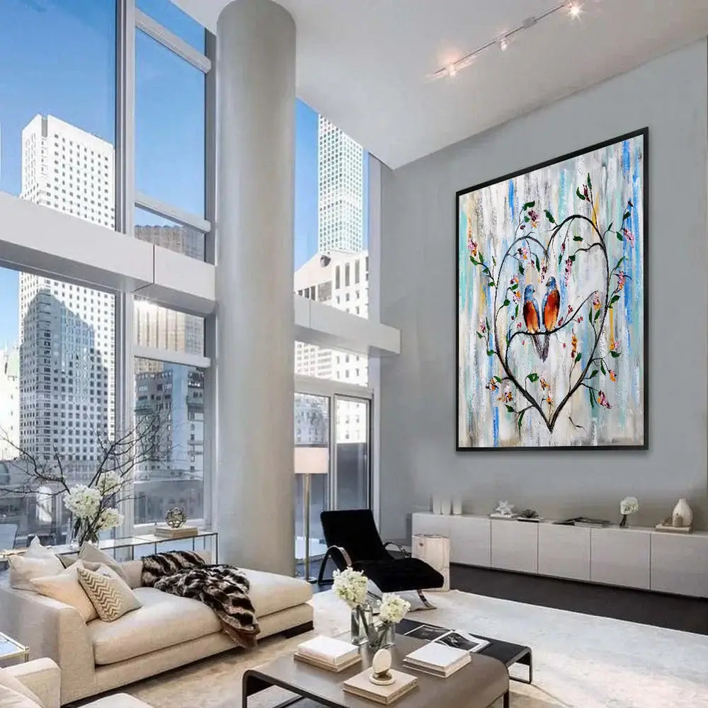 Abstract Wall Decor featuring vibrant love birds canvas art in a modern living room setting.