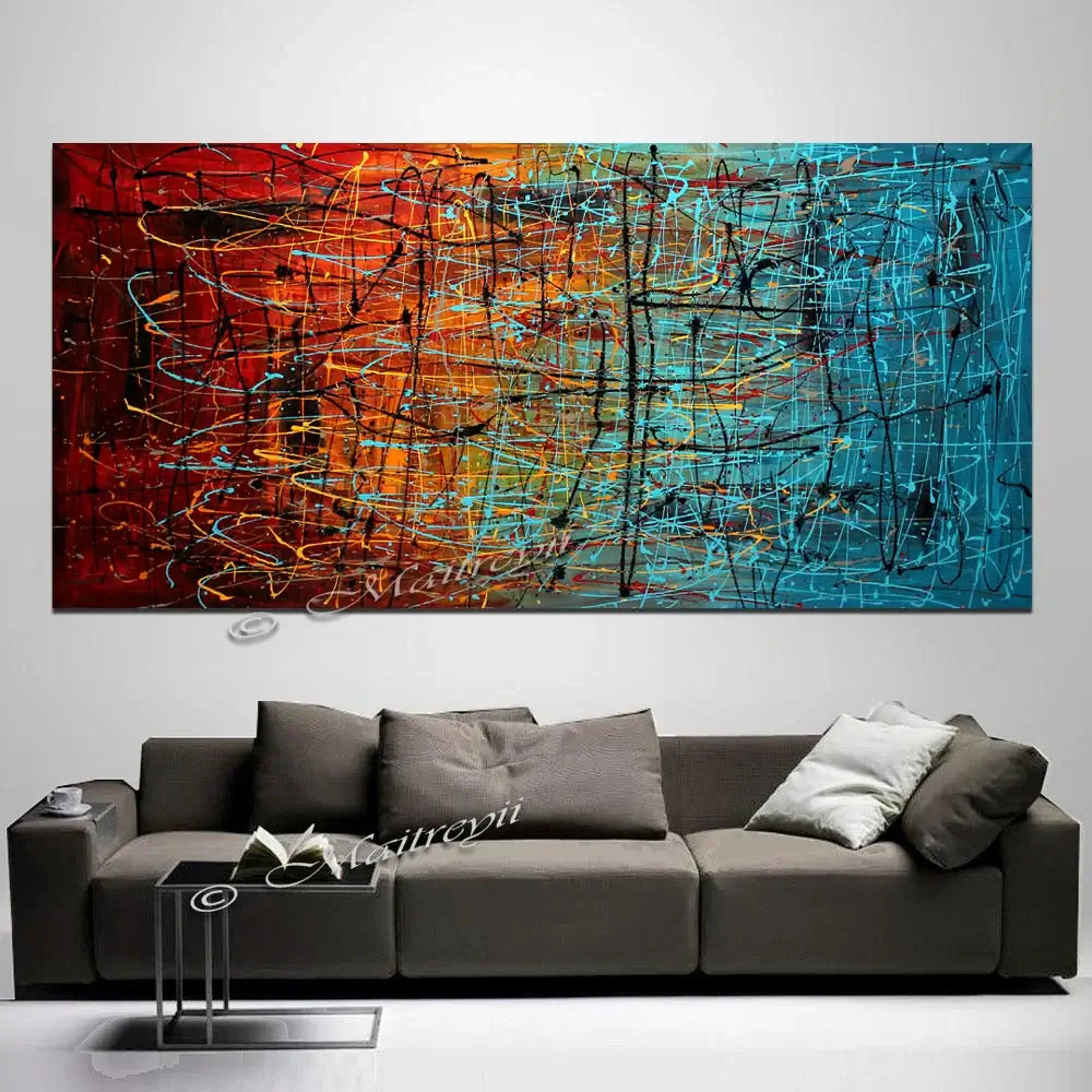 Original Pollock Style Artwork depicting vibrant colors and abstract patterns by Maitreyii, enhancing home decor.