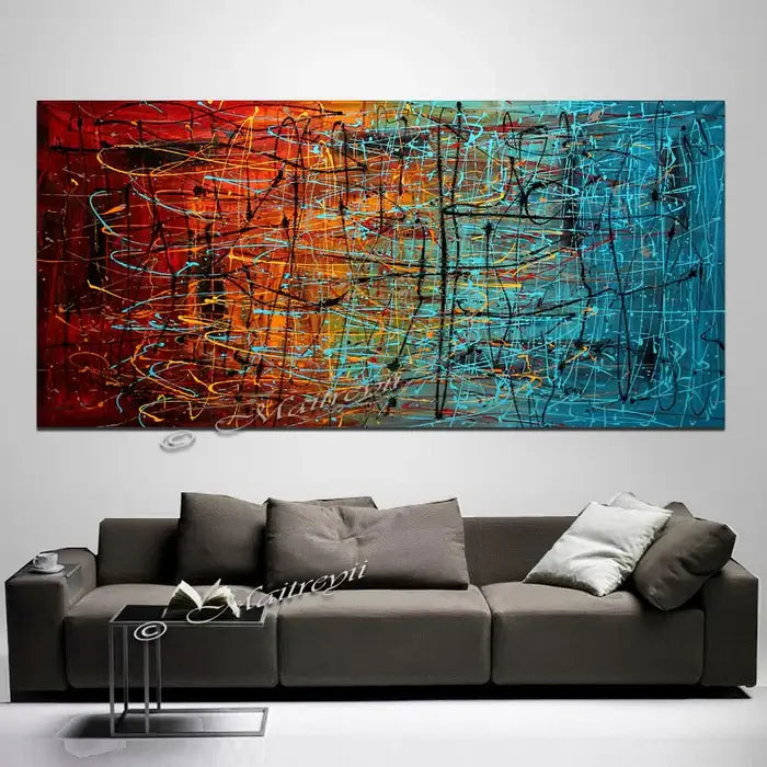 Christmas gifts Abstract Angel Paintings - vibrant abstract artwork hanging above a modern gray sofa in a contemporary living space.