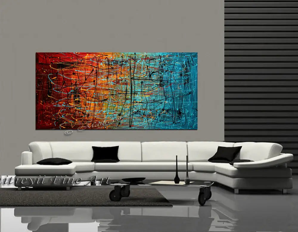 Original Pollock Style Artwork displayed above a modern white sofa in a stylish living room setting.