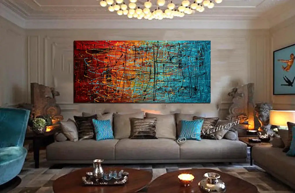 Jackson Pollock style Paintings displayed in a modern living room with vibrant colors and abstract art.