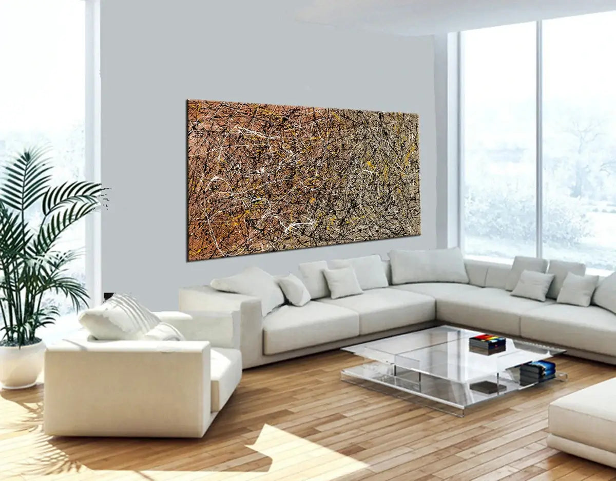 Abstract Angel Paintings in Jackson Pollock style displayed in a modern living room setting.